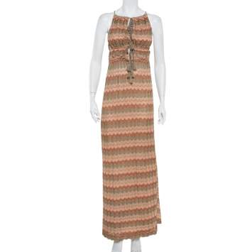 Pre Owned M Missoni Brown Metallic Crochet Knit Halter Neck Maxi Dress L