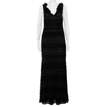 Pre Owned Missoni Black Lurex Knit Ruffled Neck Sleeveless Maxi Dress M