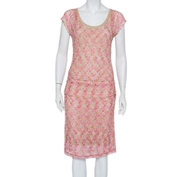 Pre Owned Missoni Pink & Beige Knit Ruched Sleeveless Midi Dress M