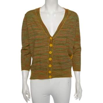 Pre Owned M Missoni Yellow Knit Silk Paneled Button Front Cardigan M