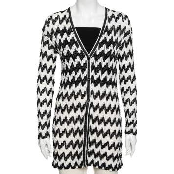 Pre Owned Missoni Monochrome Lurex Wave Knit Button Front Cardigan S