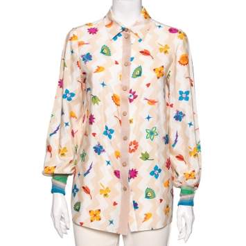 Pre Owned Missoni Cream Printed Crepe & Knit Trim Detailed Button Front Shirt M