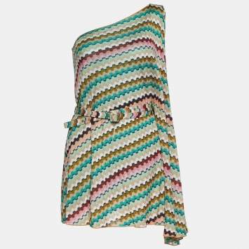 Pre Owned Missoni Multicolored Patterned Stretch Knit One Shoulder Belted Tunic S