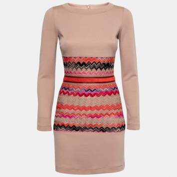 Pre Owned Missoni Beige Patterned Inset Knit Long Sleeve Dress S