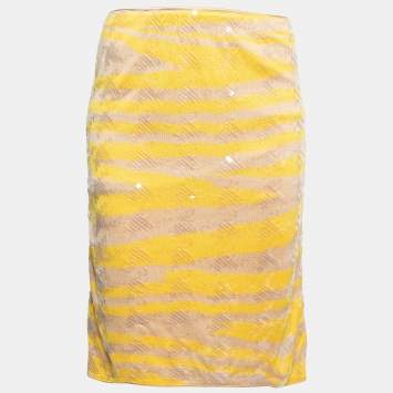 Pre Owned Missoni Beige & Yellow Striped Print Silk Knit Skirt S