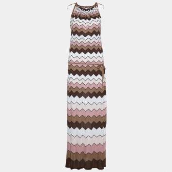 Pre Owned Missoni Pink & Brown Chevron Knit Halter Neck Maxi Dress S