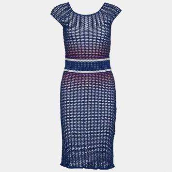 Pre Owned Missoni Blue Ombre Textured Knit Knee-Length Dress S