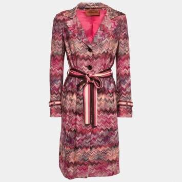 Pre Owned Missoni Pink Multicolor Chevron Patterned Knit Belted Coat M