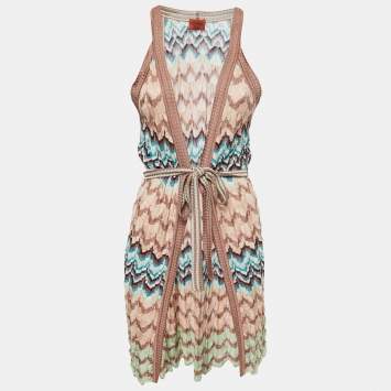 مملوكة مسبقًا Missoni Multicolor Patterned Knit Belted Sleeveless Cardigan M