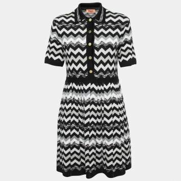 Pre Owned Missoni Black Chevron Patterned Knit Pleated Dress M