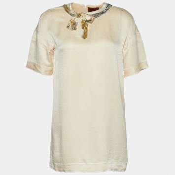 Pre Owned Missoni Cream Patterned Silk Sequin Bow Detail Top S