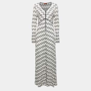 Pre Owned Missoni White Metallic Chevron Patterned Knit Open Long Cardigan L