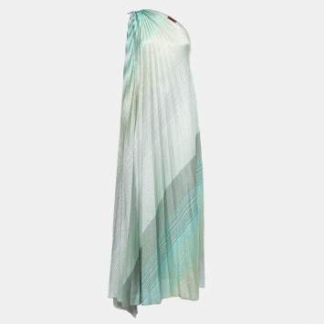 Pre Owned Missoni Blue/Green Lurex Knit One Shoulder Maxi Dress S