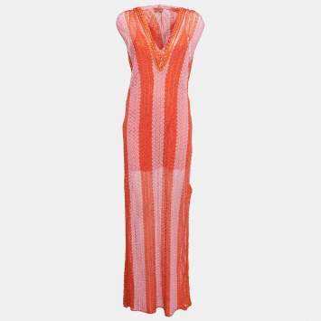 مملوكة مسبقًا Missoni Orange Patterned Crochet Knit Sleeveless Hooded Maxi Dress L