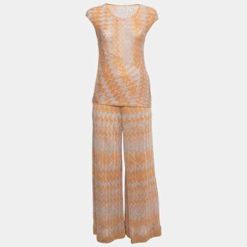 Pre Owned Missoni Orange Chevron Lurex Knit Pant Top Set S