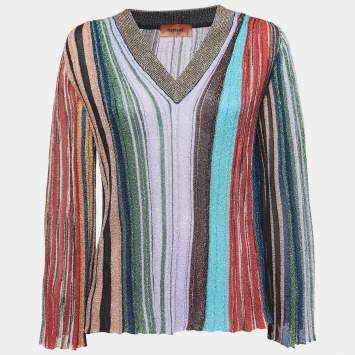 Pre Owned Missoni Multicolor Striped Lurex Knit Long Sleeve Top XL