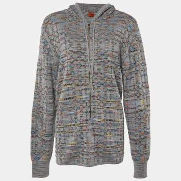 Pre Owned Missoni Grey Patterned Wool Knit Zip Front Jacket XL