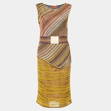 Pre Owned Missoni Multicolor Striped Lurex Knit Belted Top & Skirt Set M