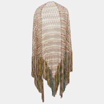 مملوكة مسبقًا Missoni Multicolor Chevron Knit Fringed Open-Front Poncho One Size
