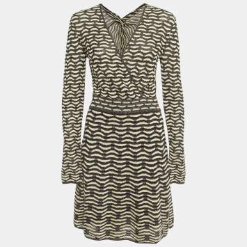 Pre Owned Missoni Cream/Black Chevron Pattern Metallized Knit V-Neck Mini Dress M