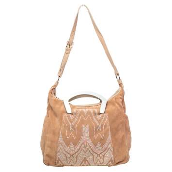 Pre Owned Missoni Beige Embroidered Suede And Leather Top Handle Bag