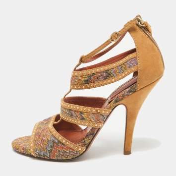 Pre Owned Missoni Brown Lurex Fabric and Suede Ankle Strap Sandals Size 39