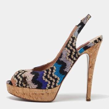 Pre Owned Missoni Multicolor Knit Fabric Platform Peep Toe Slingback Sandals Size 39