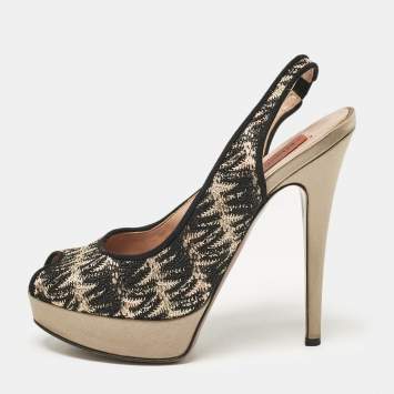 Pre Owned Missoni Black/Grey Lace and Satin Peep Toe Platform Slingback Pumps Size 38