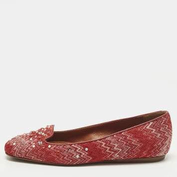 Pre Owned Missoni Size 38 Red Lurex Fabric Crystal Embellished Ballet Flats