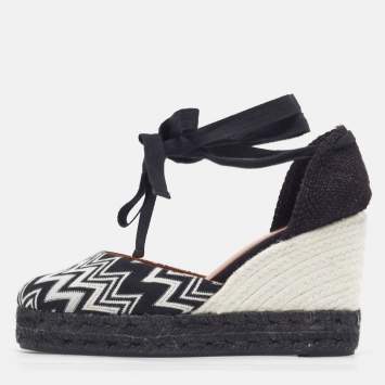 Pre Owned Missoni Size 40 Black/White Fabric Wedge Ankle Wrap Espadrille Sandals