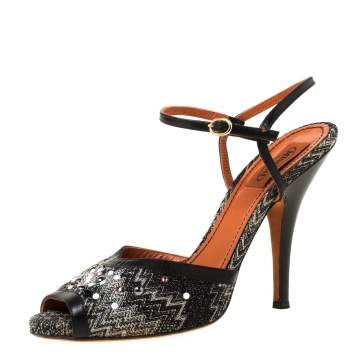Pre Owned Missoni Black Embellished Patterned Knit Ankle Strap Sandals Size 40