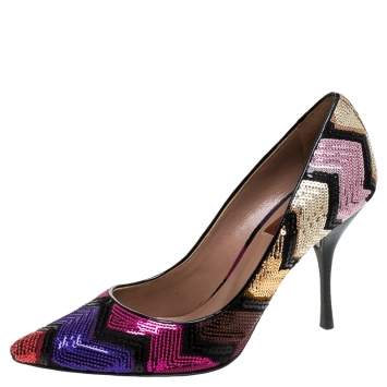 Pre Owned Missoni Multicolor Zigzag Sequins Pointed Toe Pumps Size 37.5