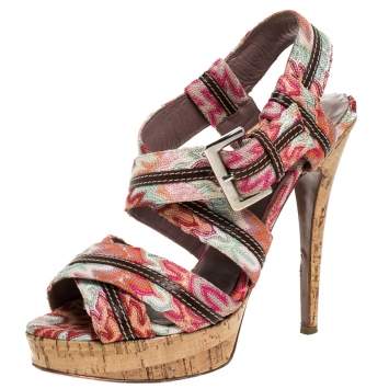 Pre Owned Missoni Multicolor Crochet Fabric And Leather Trim Ankle Strap Platform Sandals Size 38