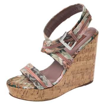 Pre Owned Missoni Multicolor Crochet Fabric And Leather Cork Wedge Slingback Sandals Size 37