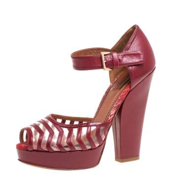 Pre Owned Missoni Maroon Leather And PVC Ankle Strap Platform Peep Toe Sandals Size 40