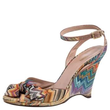 Pre Owned Missoni Multicolor Knit Fabric Knotted Bow Wedge Ankle Strap Sandals Size 39