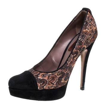 Pre Owned Missoni Black/Beige Lace and Suede Pointed Toe Platform Pumps Size 39