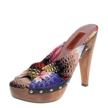 Pre Owned Missoni Multicolor Knit Fabric Knotted Clog Platform Sandals Size 38