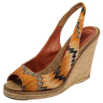 Pre Owned Missoni Orange/Black Knit Fabric Espadrille Wedge Slingback Sandals Size 39