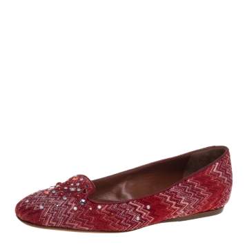 Pre Owned Missoni Red/White Lurex And Jacquard Fabric Embellished Ballet Flats Size 38