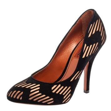 Pre Owned Missoni Black Laser Cut Suede And Pink Satin Round Toe Pumps Size 37.5