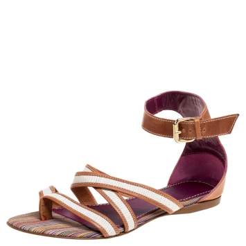 Pre Owned Missoni Beige/White Leather And Fabric Flat Sandals Size 38