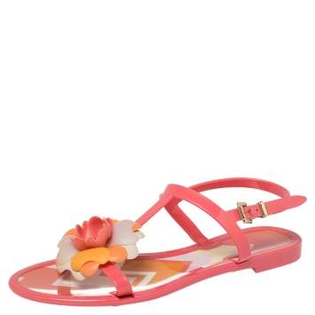 Pre Owned Missoni Pink Rubber Rose Ankle Strap Flat Sandals Size 36