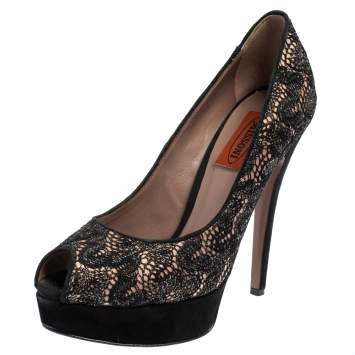 Pre Owned Missoni Black Lace And Suede Peep Toe Platform Pumps Size 36