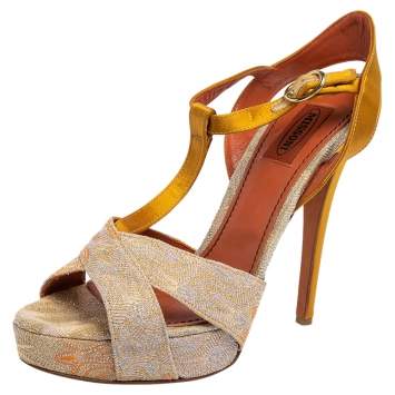 Pre Owned Missoni Multicolor Knit Fabric and Satin T-Strap Platform Sandals Size 40