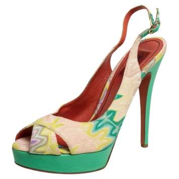 Pre Owned  Missoni Multicolor Knit Fabric Slingback Peep Toe Platform Sandals Size 40