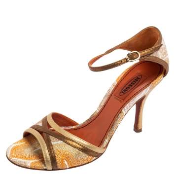 Pre Owned Missoni Gold and Bronze Fabric And Leather Ankle Strap  Sandals Size 37