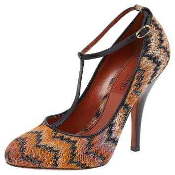 Pre Owned Missoni Black/Orange Fabric And Leather Ankle T-Strap Pumps Size 37.5