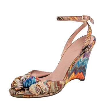 Pre Owned Missoni Multicolor Knit Fabric Knotted Bow Wedge Ankle Strap Sandals Size 40.5