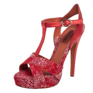 Pre Owned Missoni Red/White Knit Fabric and Leather T-Bar Platform Ankle-Strap Sandals Size 36